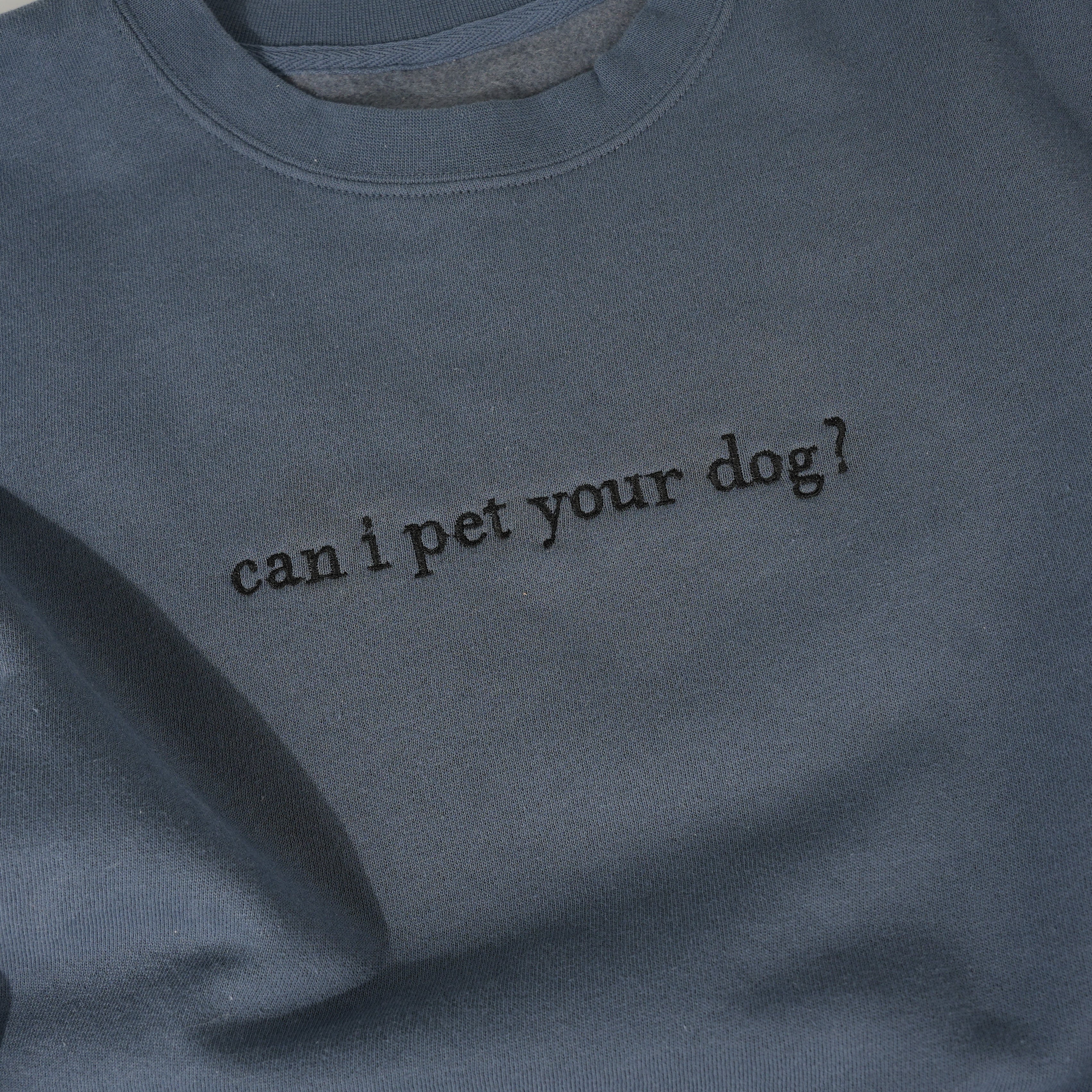 Blue sweatshirt with 'can i pet your dog?' text on a plain background