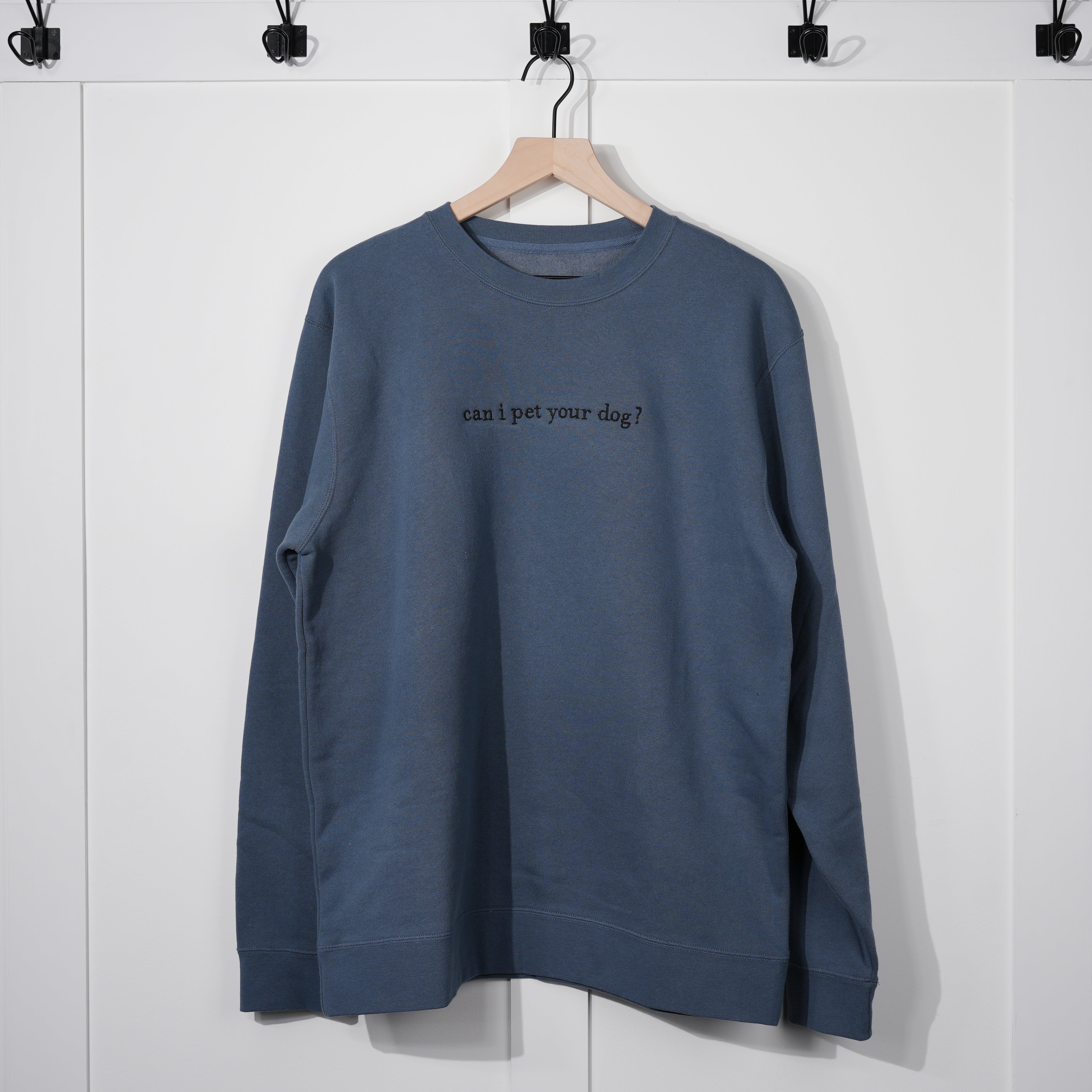Blue sweatshirt with text on a hanger against a white background