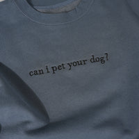 Blue sweatshirt with 'can i pet your dog?' text on a plain background
