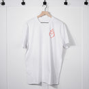 White t-shirt with a red heart and flame design on a hanger against a white background