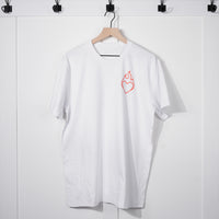 White t-shirt with a red heart and flame design on a hanger against a white background